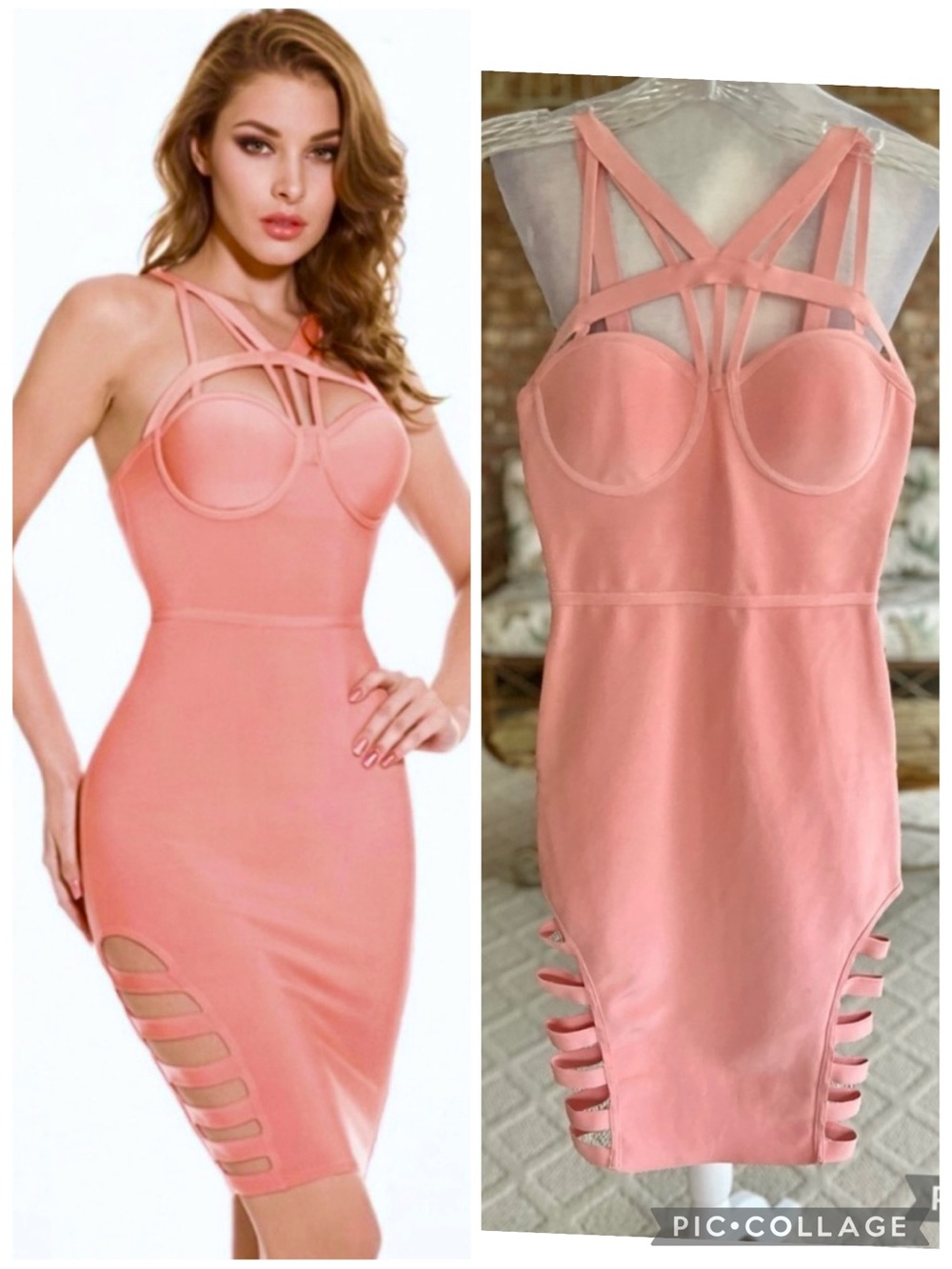 Bandage Dress Peach Halter Bustier Strappy Cutout Bodycon XXS Cocktail